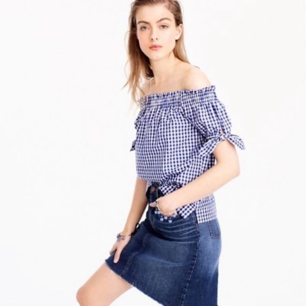 J. Crew blue gingham plaid off the shoulder blouse sz 4 - Picture 2 of 8